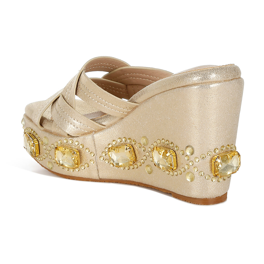 chunky diamante & rhinestone cut-out sandals#color_gold