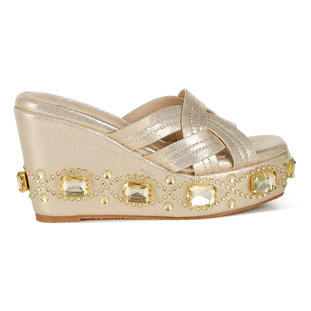 chunky diamante & rhinestone cut-out sandals#color_gold