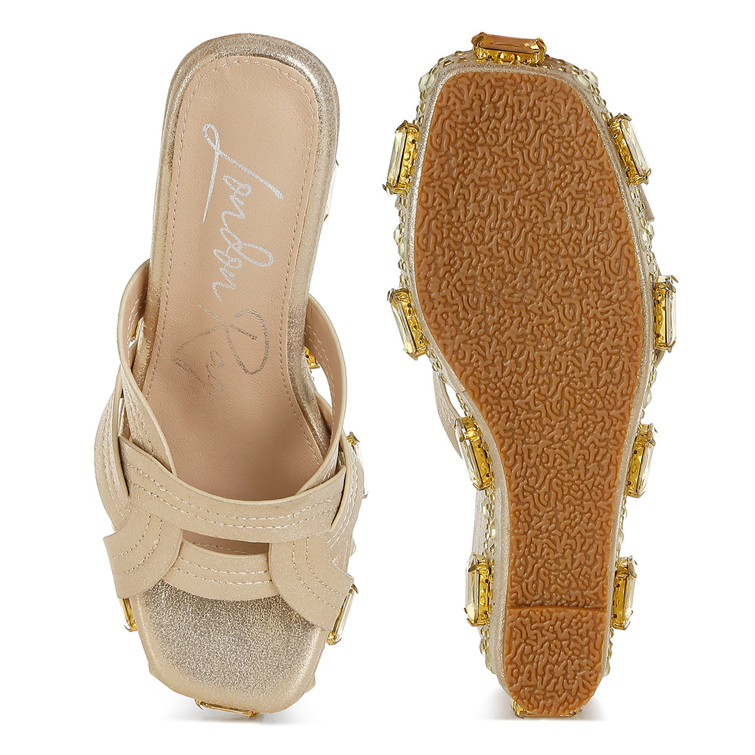 chunky diamante & rhinestone cut-out sandals#color_gold