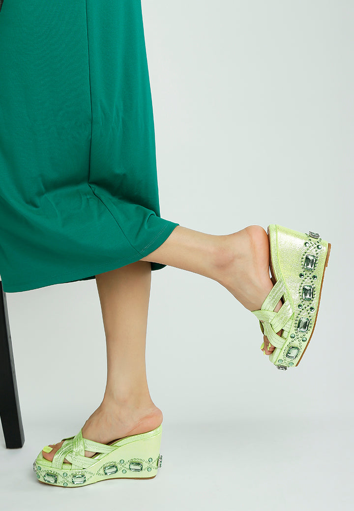 chunky diamante & rhinestone cut-out sandals#colur_limegreen