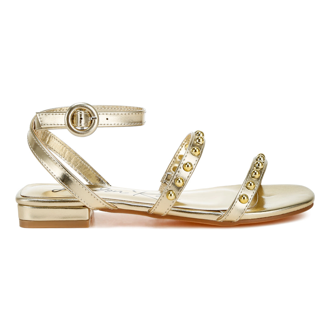 studded ankle strap flat sandals#color_gold