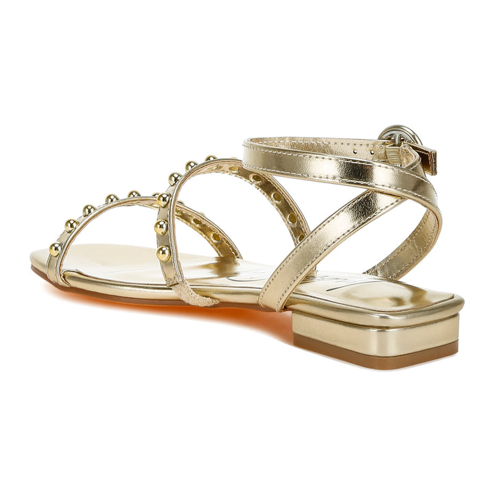 studded ankle strap flat sandals#color_gold