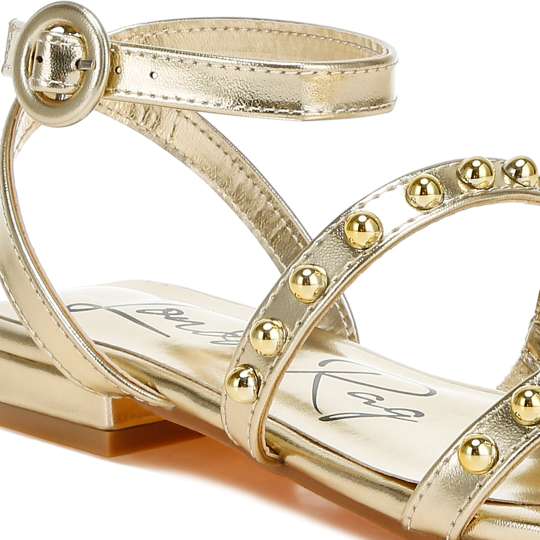 studded ankle strap flat sandals#color_gold