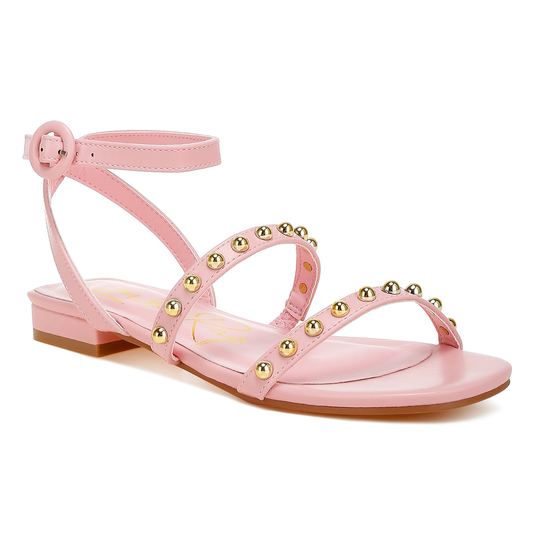 studded ankle strap flat sandals#color_pink