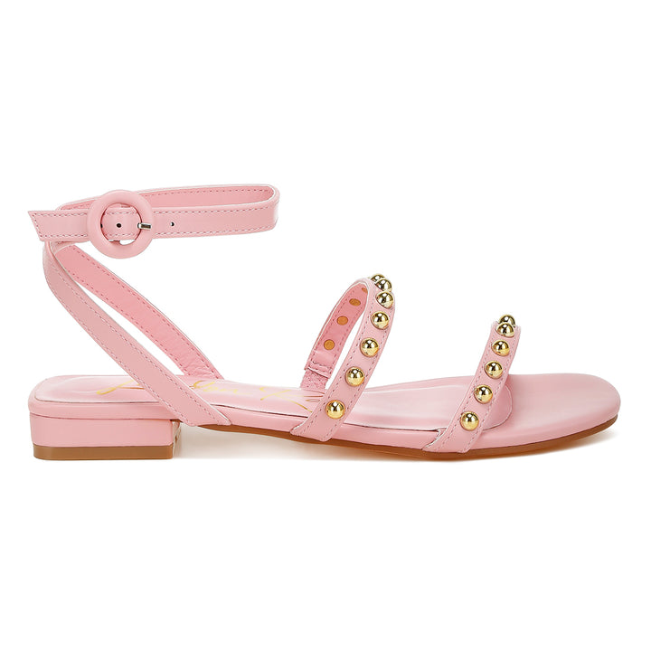 studded ankle strap flat sandals#color_pink