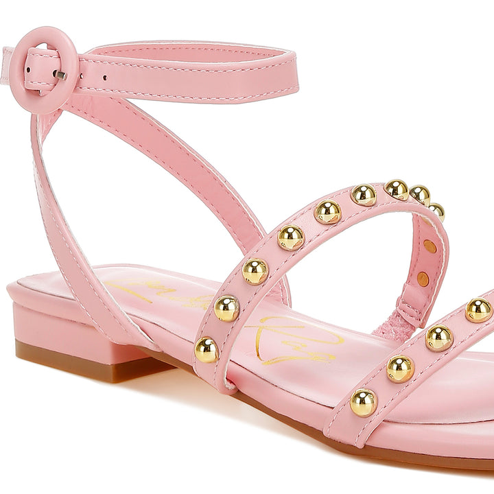 studded ankle strap flat sandals#color_pink