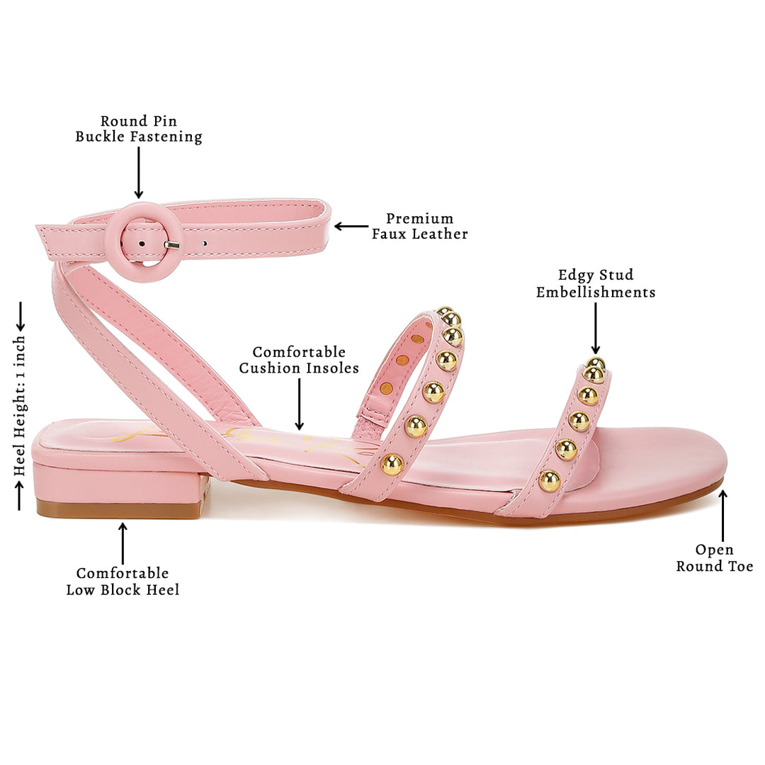 studded ankle strap flat sandals#color_pink