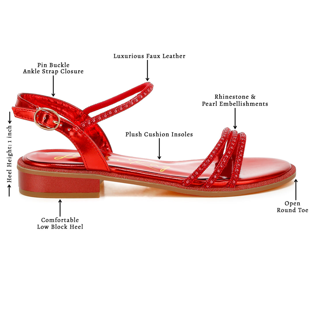 rhinestone pearl detail flat sandals#color_red