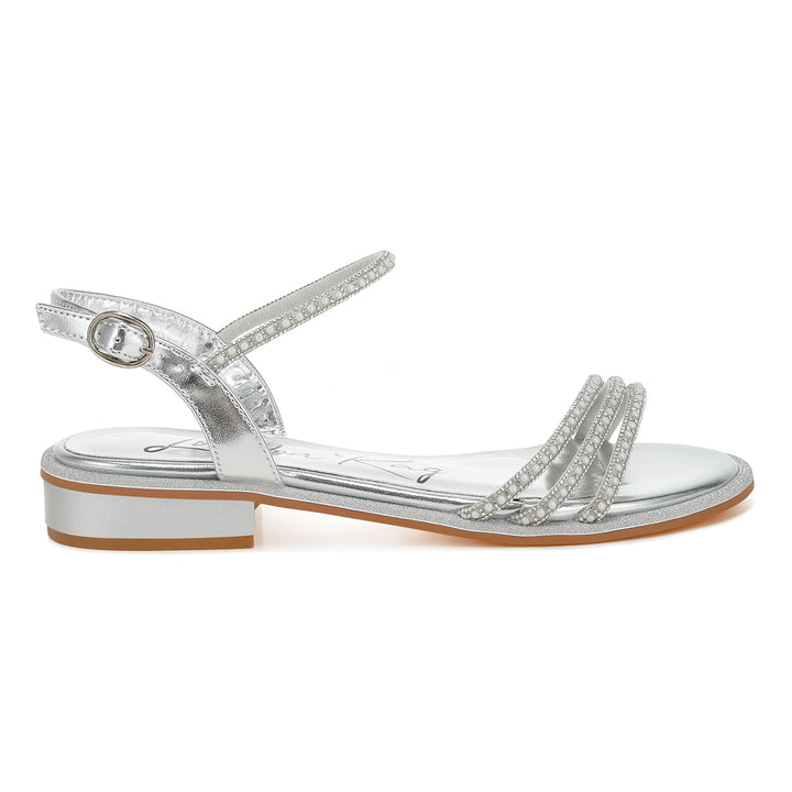 rhinestone pearl detail flat sandals#color_silver