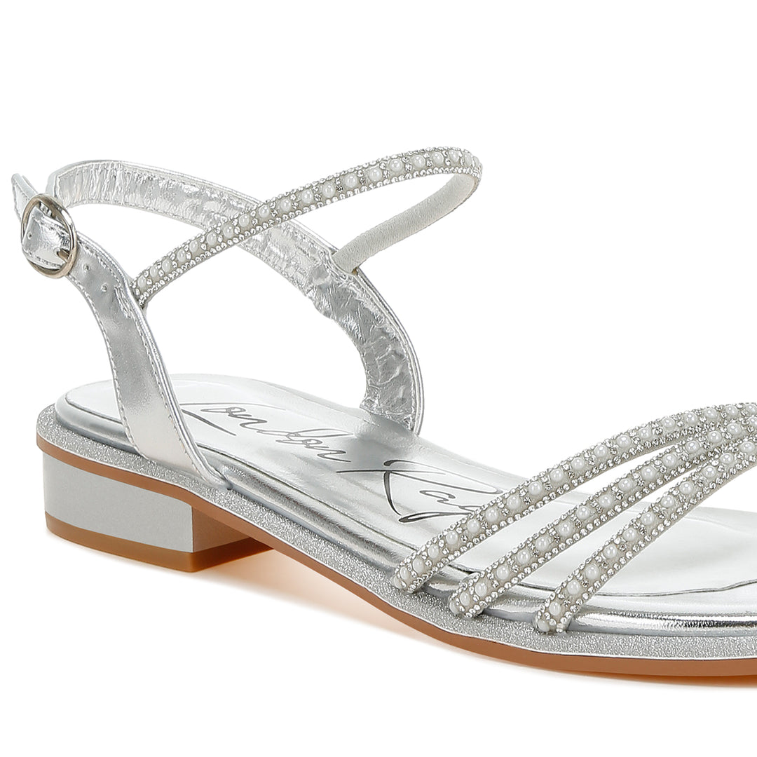 rhinestone pearl detail flat sandals#color_silver