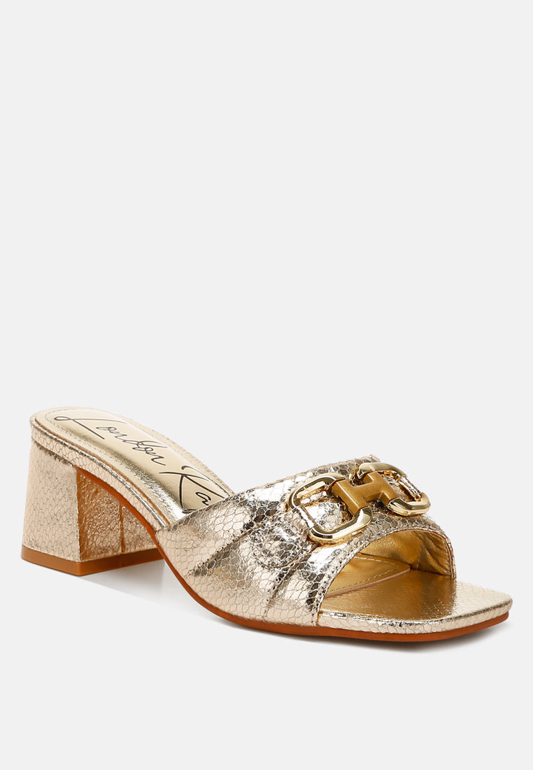 women horsebit detail snake print sandals#color_light-gold