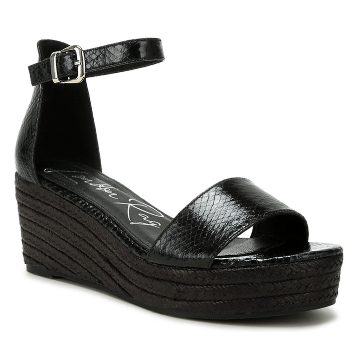 faux leather snake wedge espadrilles#color_black