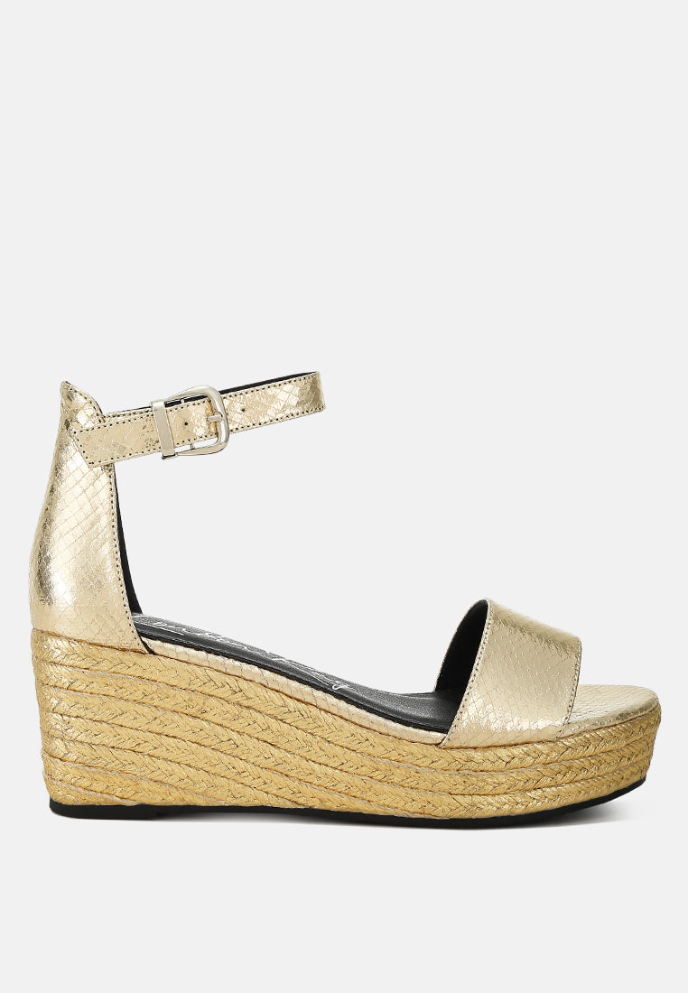 faux leather snake wedge espadrilles#color_gold