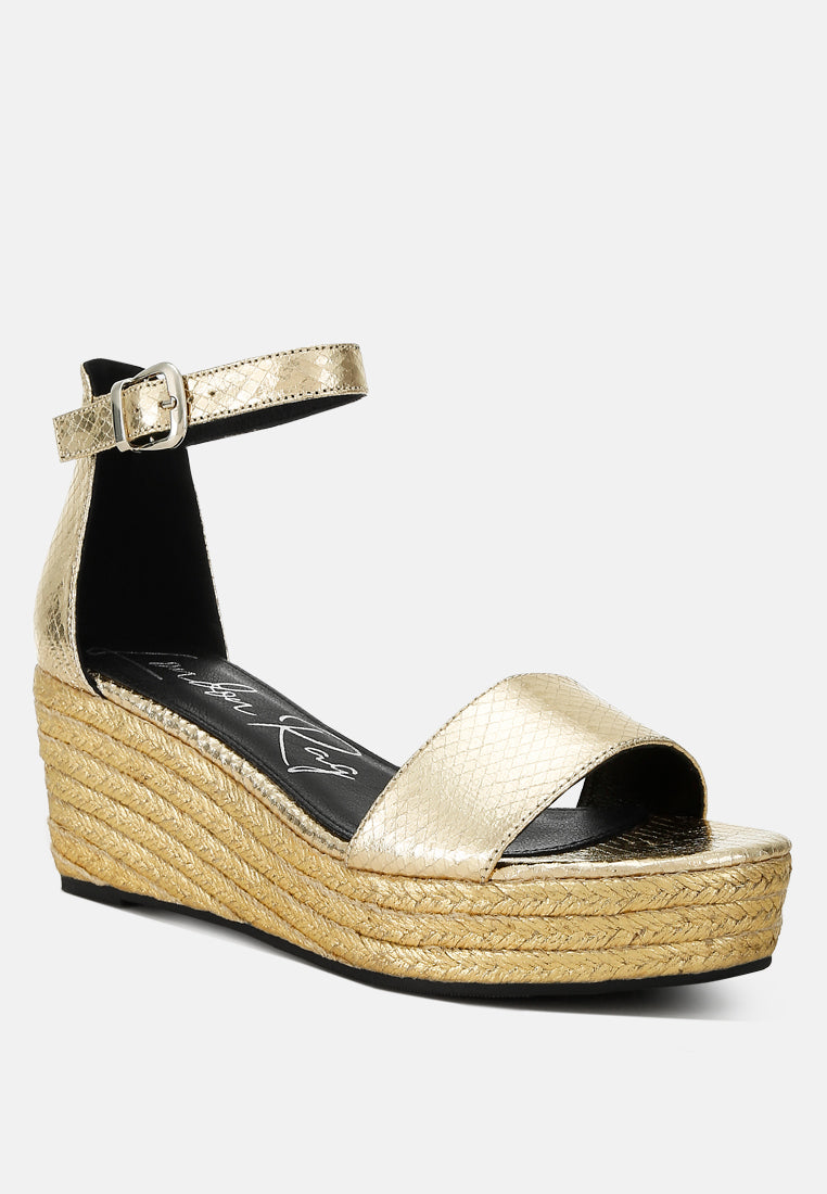 faux leather snake wedge espadrilles#color_gold