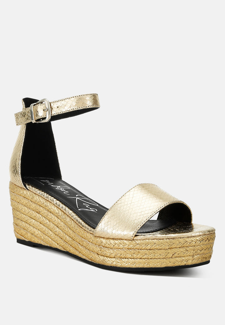 faux leather snake wedge espadrilles#color_gold