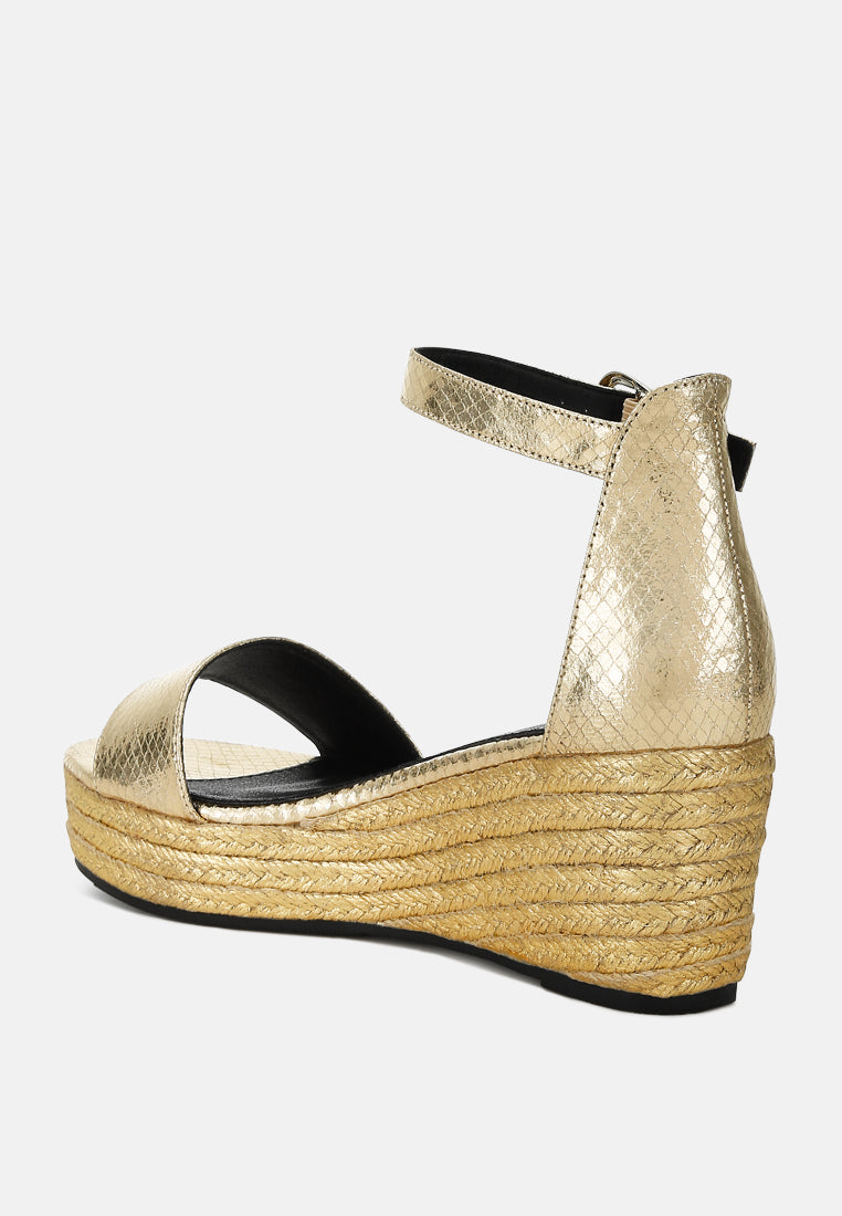 faux leather snake wedge espadrilles#color_gold