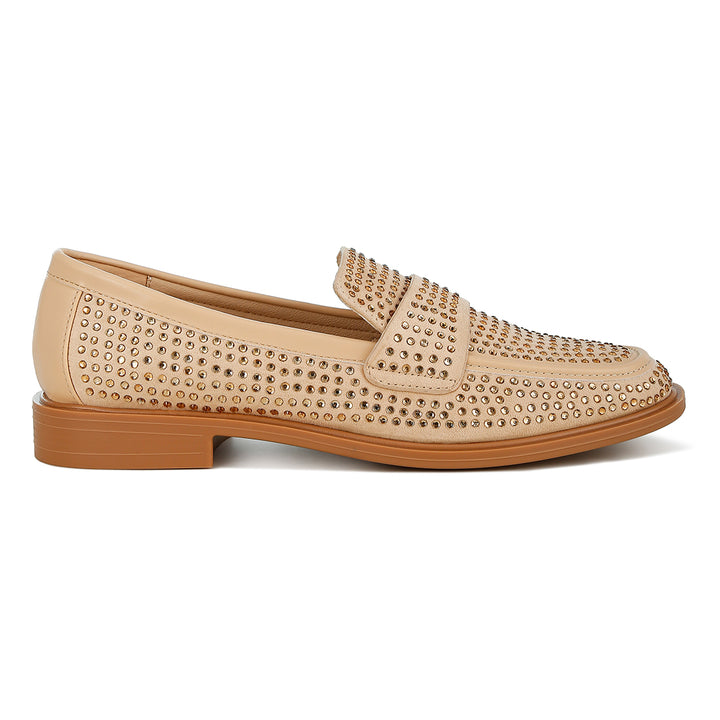 rhinestones embellished loafers#color_beige