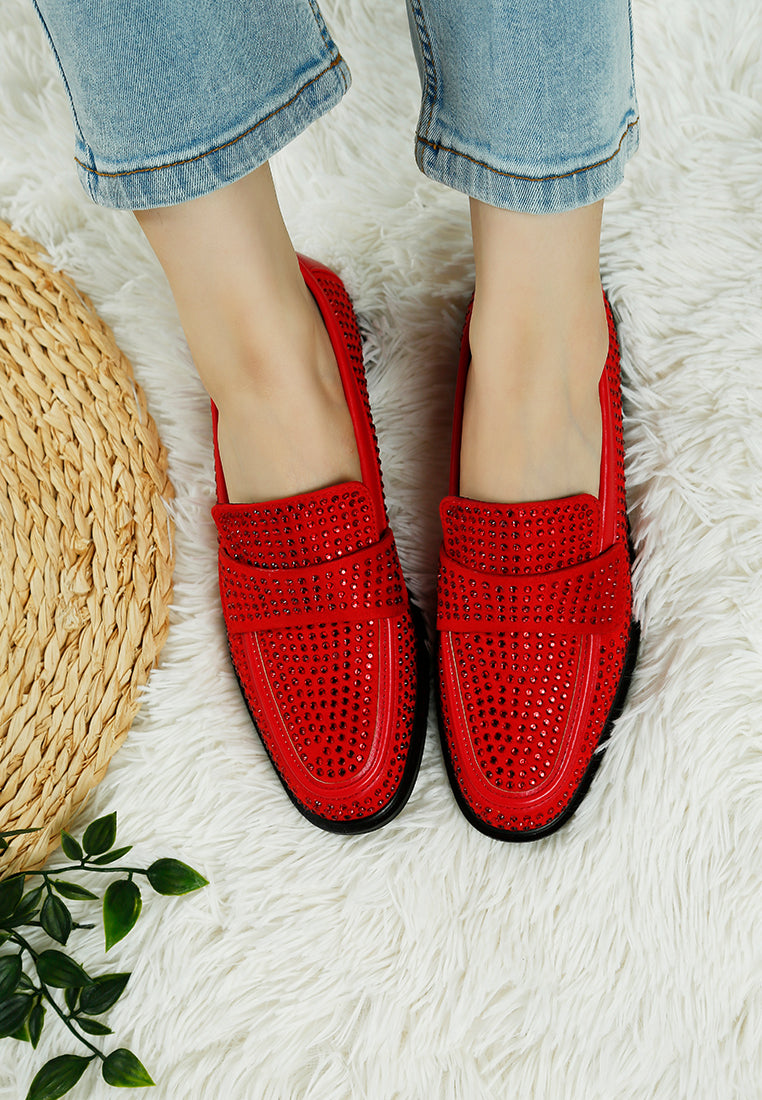women rhinestones embellished loafers#color_red