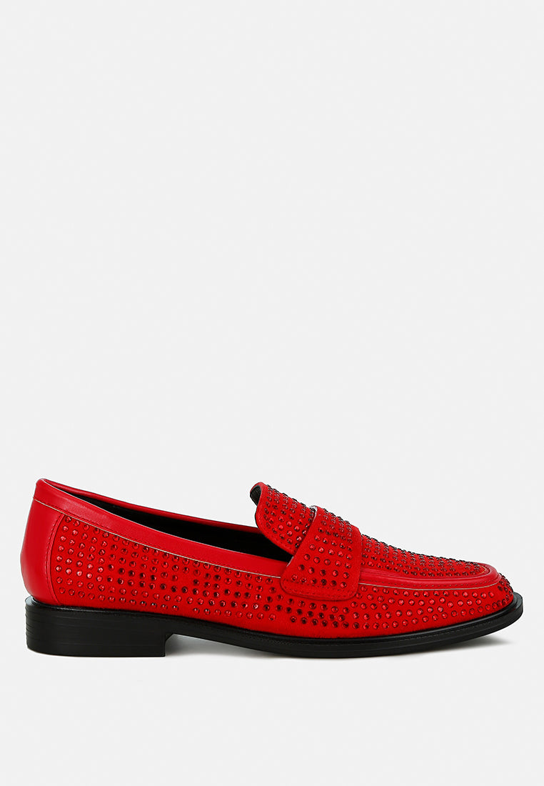 women rhinestones embellished loafers#color_red