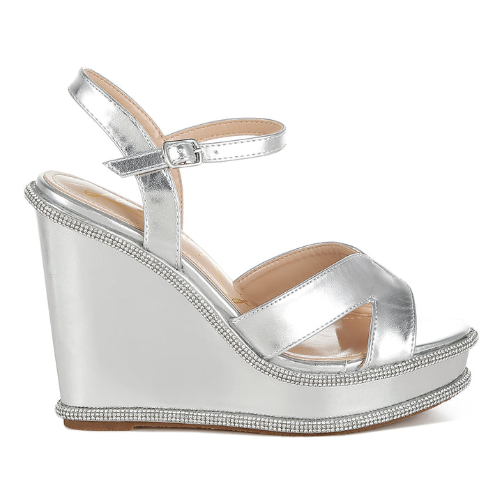 rhinestones embellished wedge sandals#color_silver