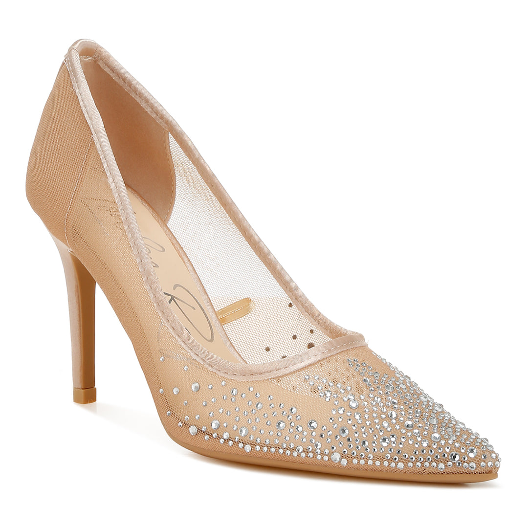 mesh rhinestone stiletto pumps#color_beige