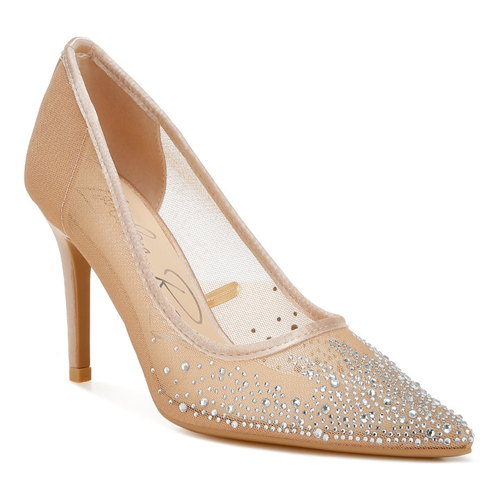 mesh rhinestone stiletto pumps#color_beige