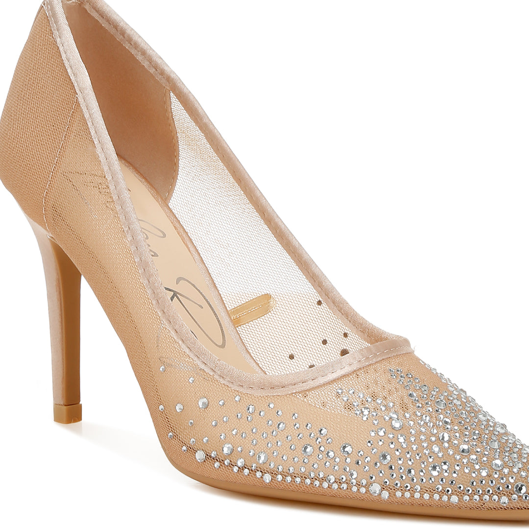 mesh rhinestone stiletto pumps#color_beige