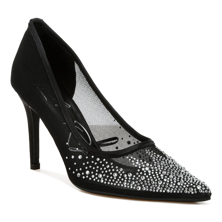 mesh rhinestone stiletto pumps#color_black