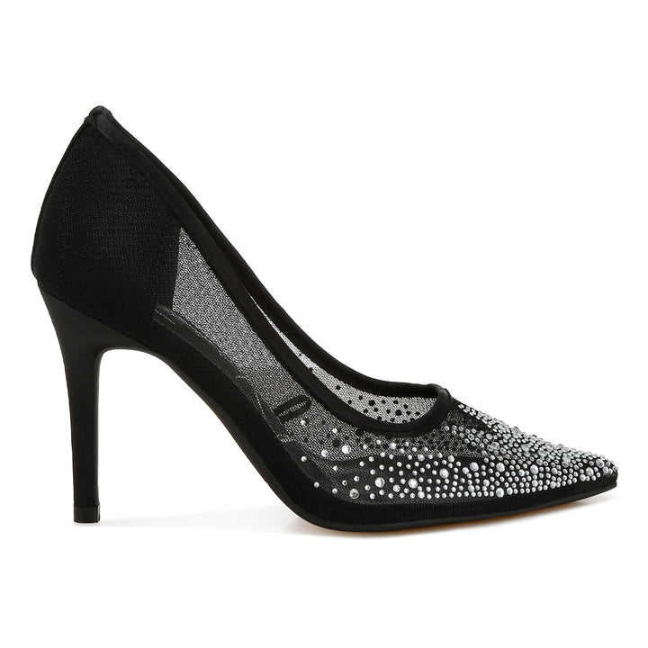 mesh rhinestone stiletto pumps#color_black