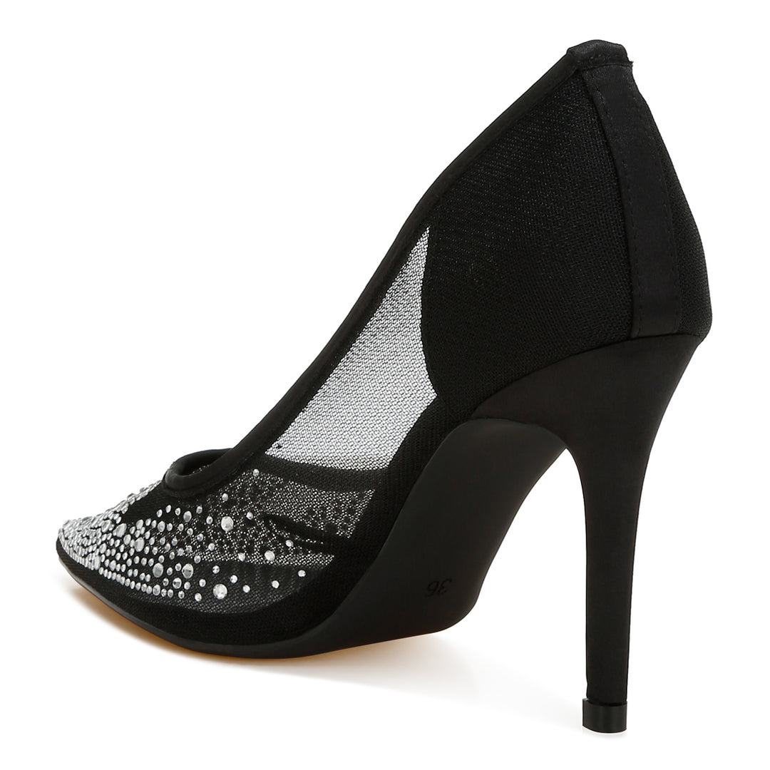 mesh rhinestone stiletto pumps#color_black