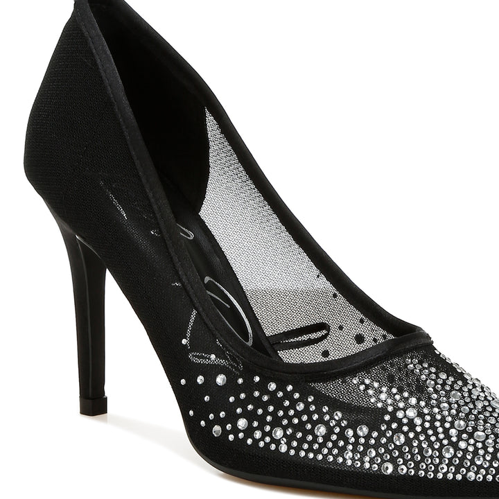 mesh rhinestone stiletto pumps#color_black