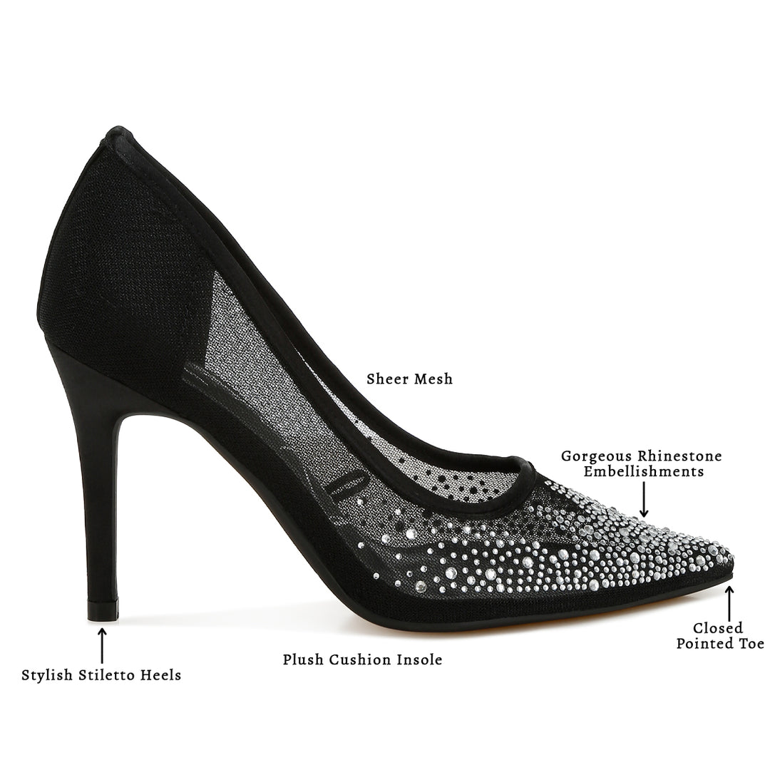 mesh rhinestone stiletto pumps#color_black