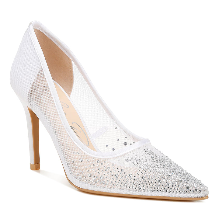 mesh rhinestone stiletto pumps#color_white