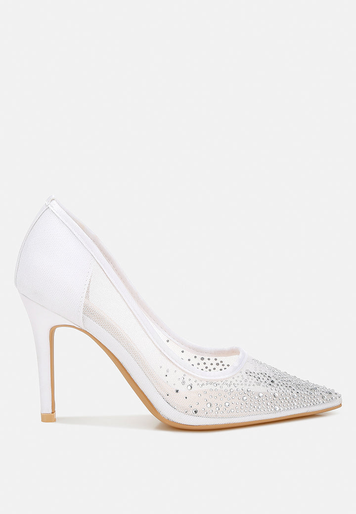 women mesh rhinestone stiletto pumps#color_white
