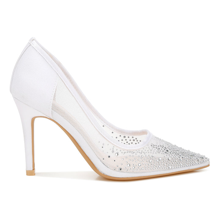 mesh rhinestone stiletto pumps#color_white