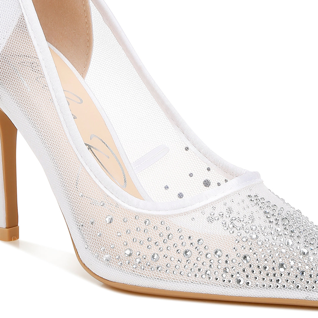 mesh rhinestone stiletto pumps#color_white