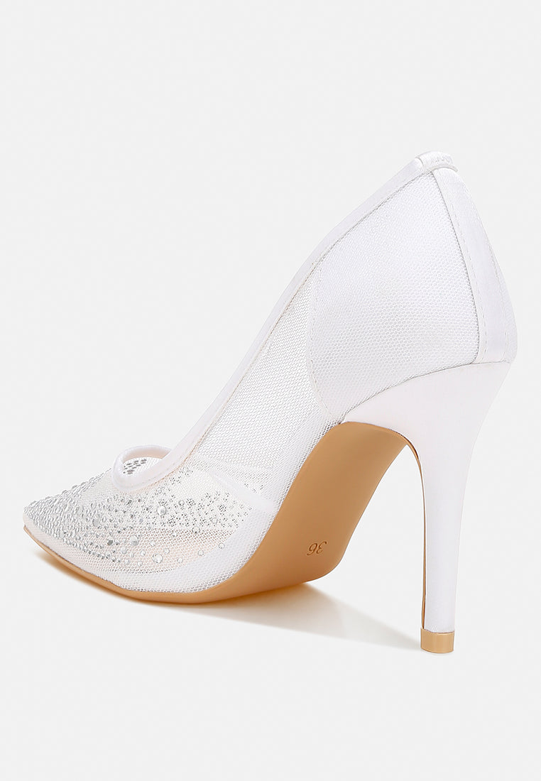 women mesh rhinestone stiletto pumps#color_white