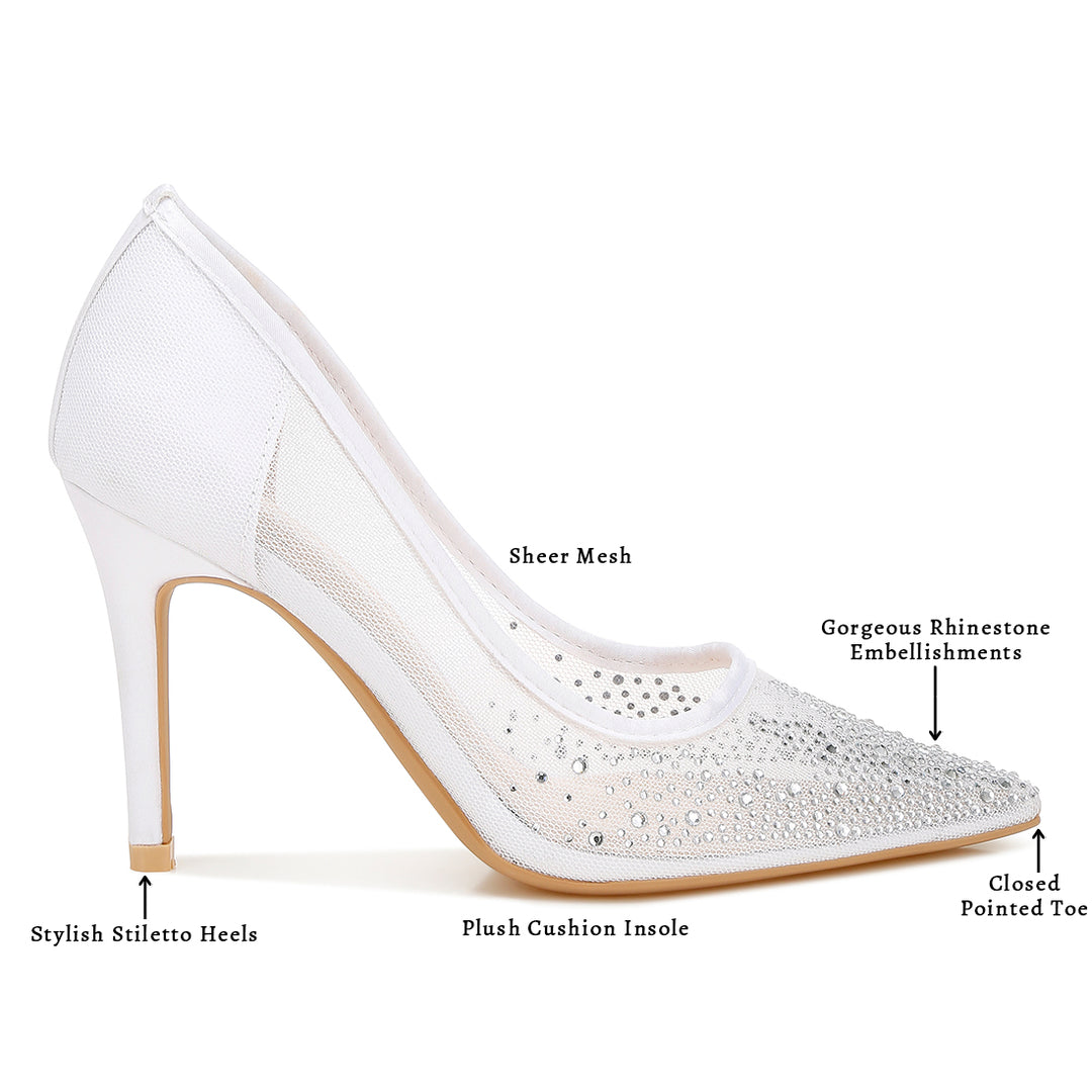 mesh rhinestone stiletto pumps#color_white