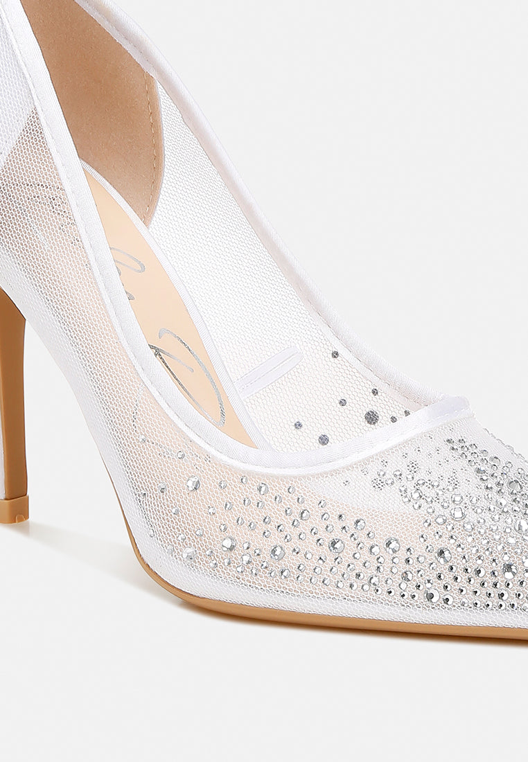 women mesh rhinestone stiletto pumps#color_white