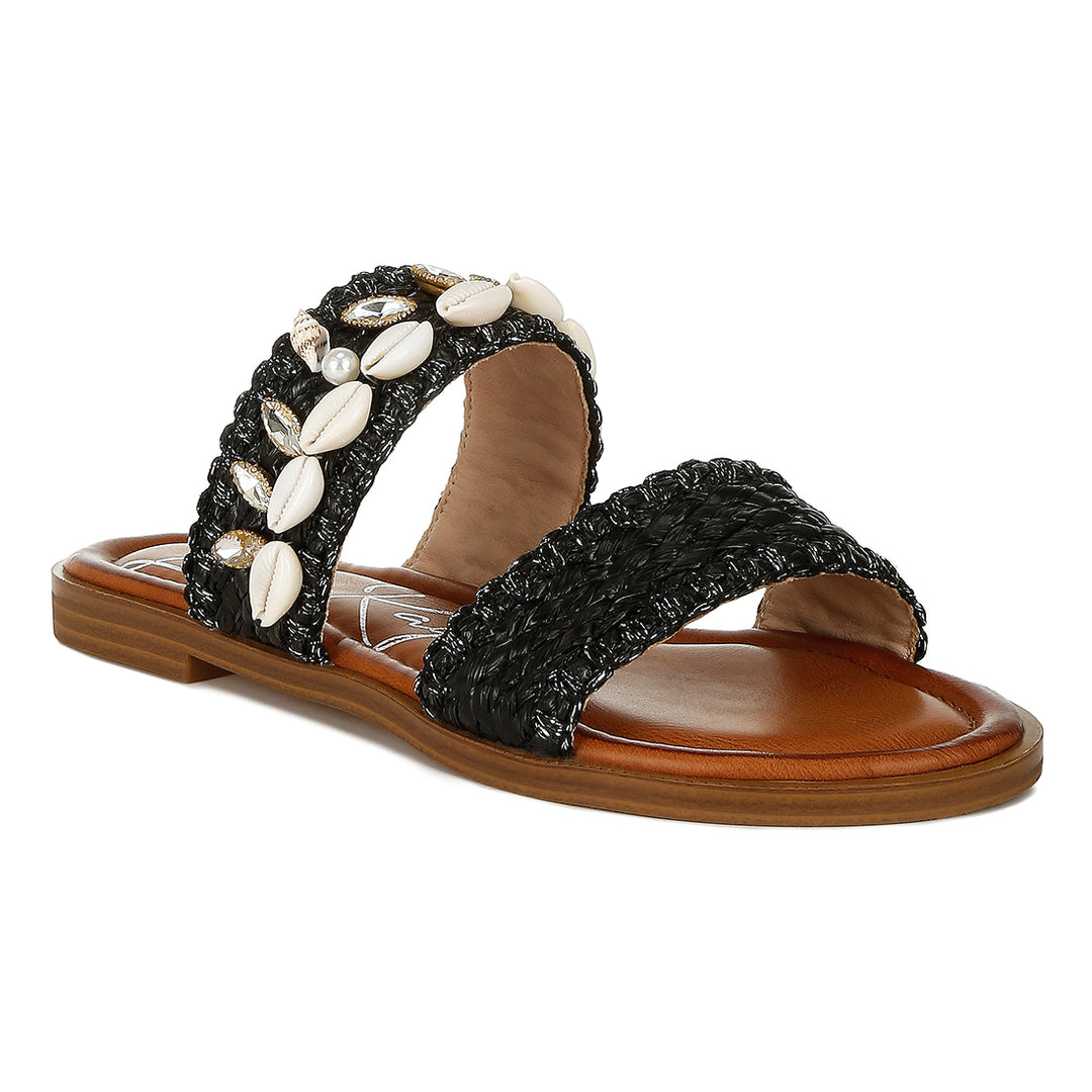 shell & diamante slip on sandals#color_black