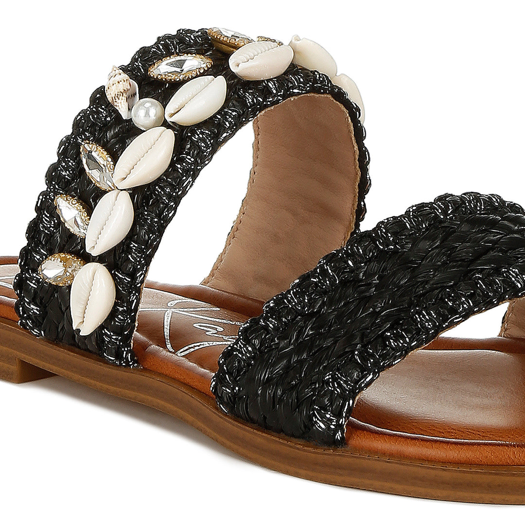 shell & diamante slip on sandals#color_black