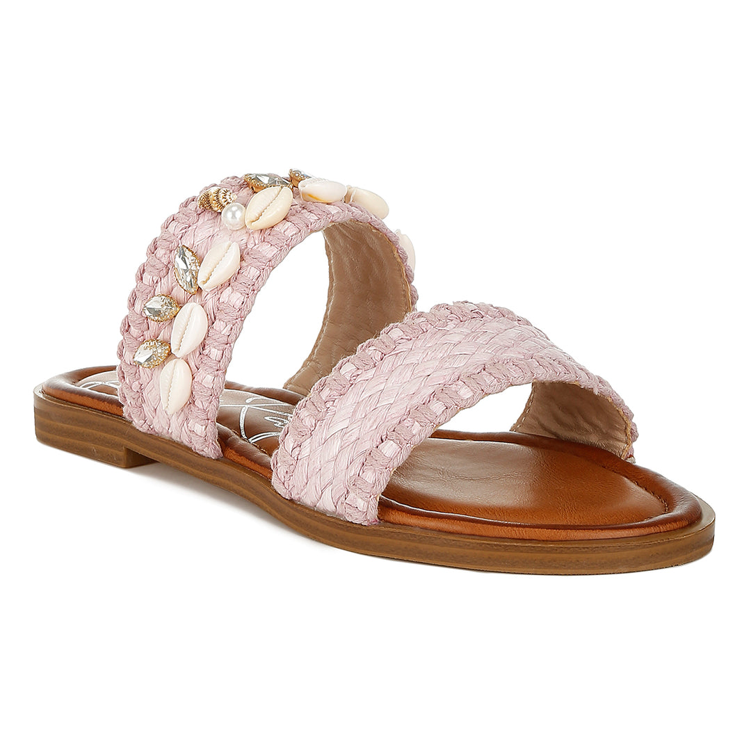 shell & diamante slip on sandals#color_pink