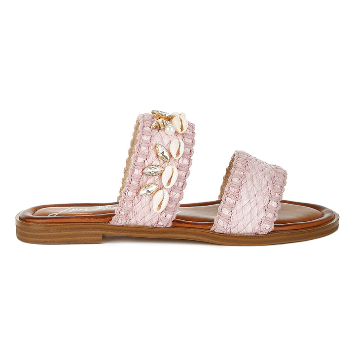 shell & diamante slip on sandals#color_pink