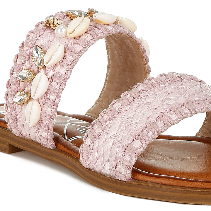 shell & diamante slip on sandals#color_pink