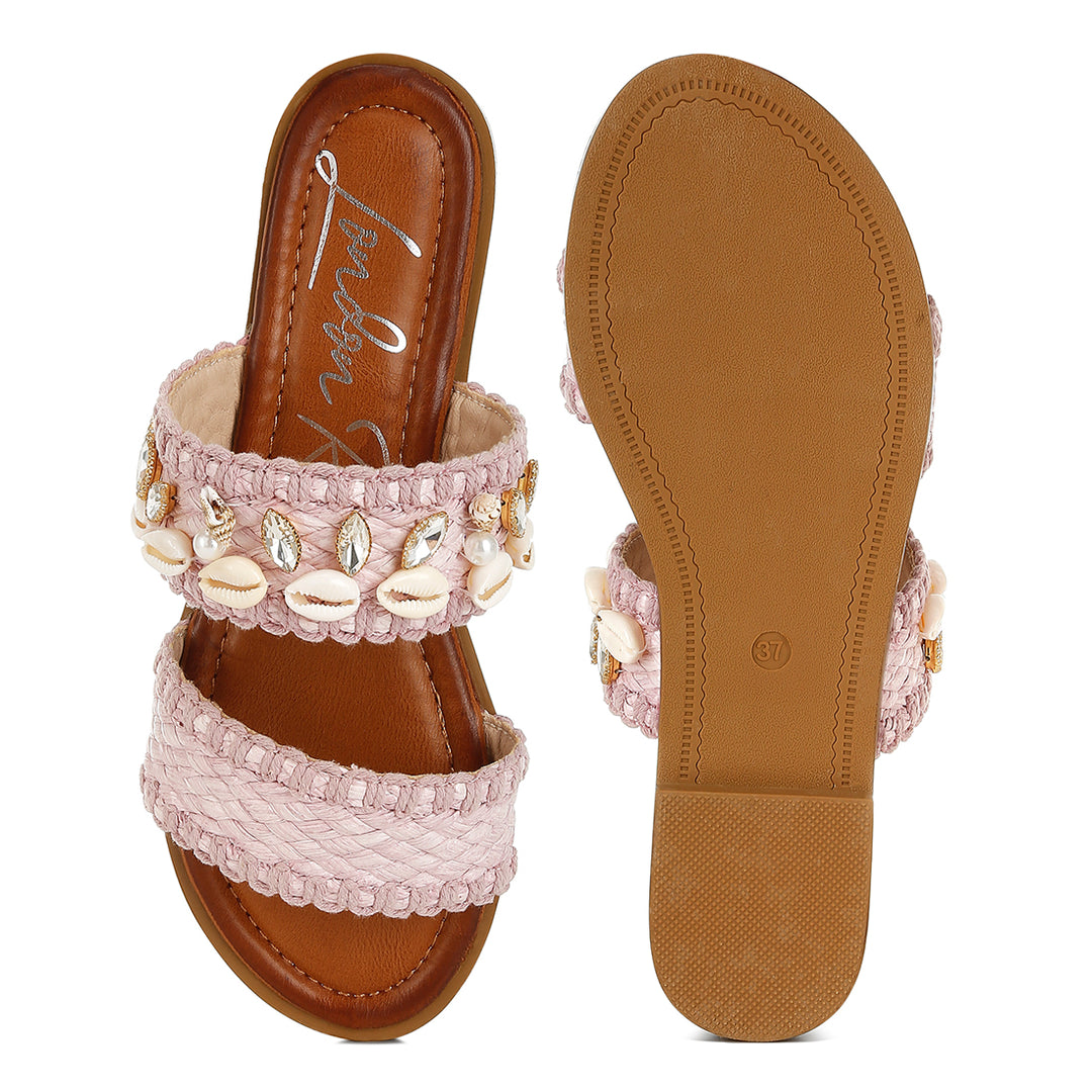 shell & diamante slip on sandals#color_pink