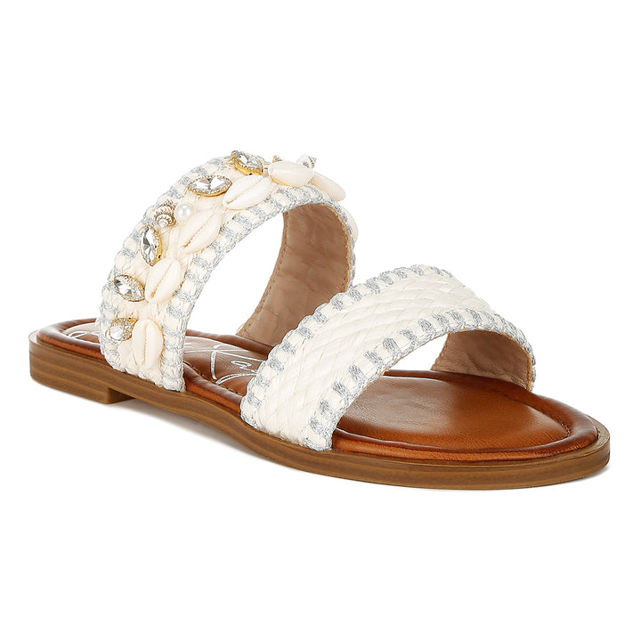 shell & diamante slip on sandals#color_white