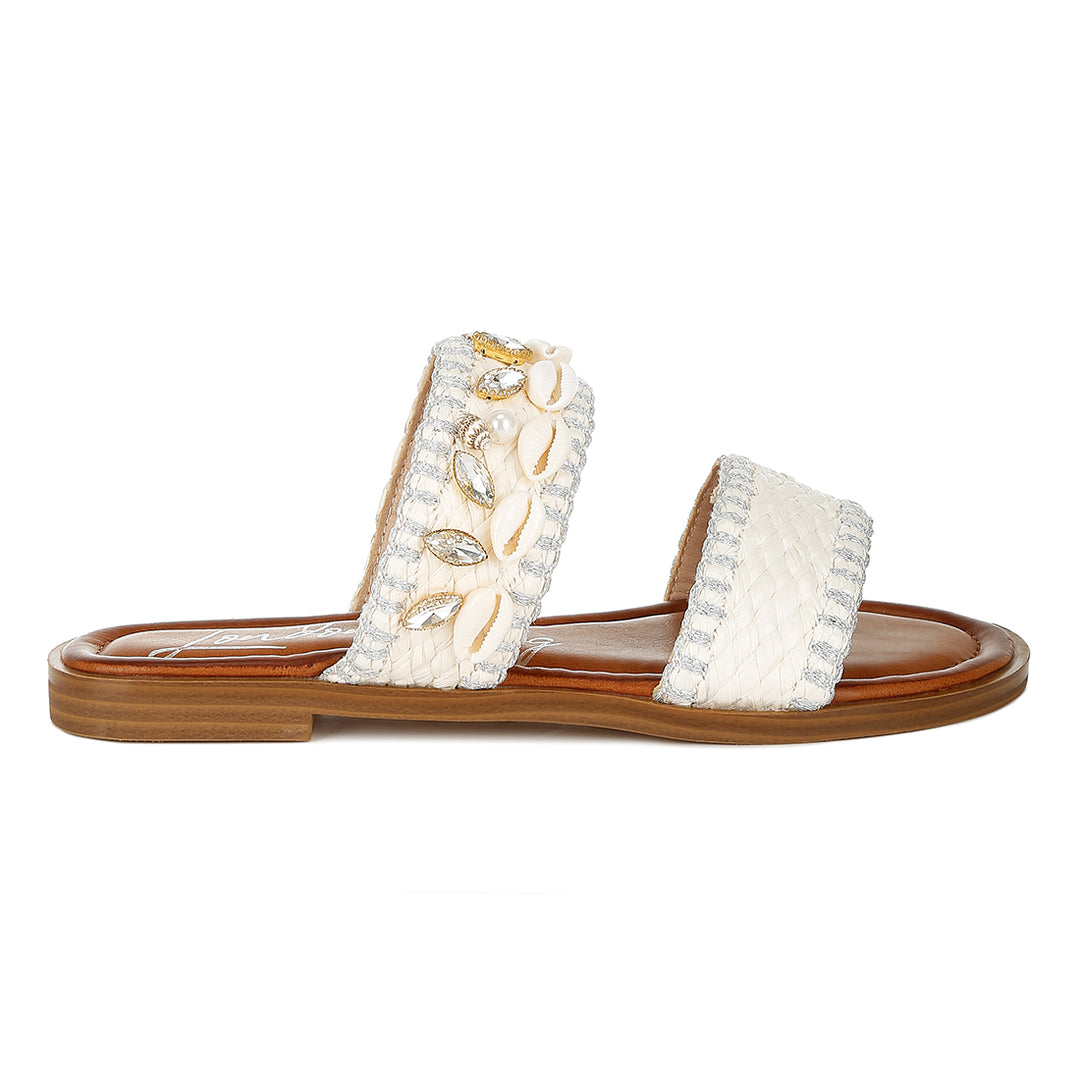 shell & diamante slip on sandals#color_white