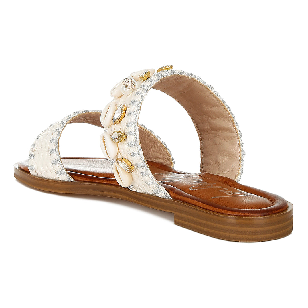 shell & diamante slip on sandals#color_white