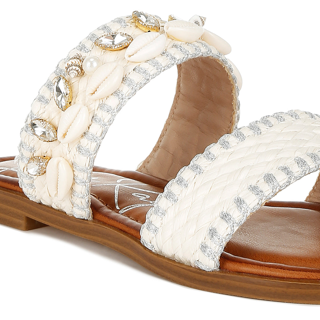 shell & diamante slip on sandals#color_white