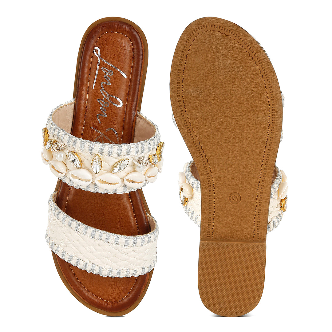 shell & diamante slip on sandals#color_white